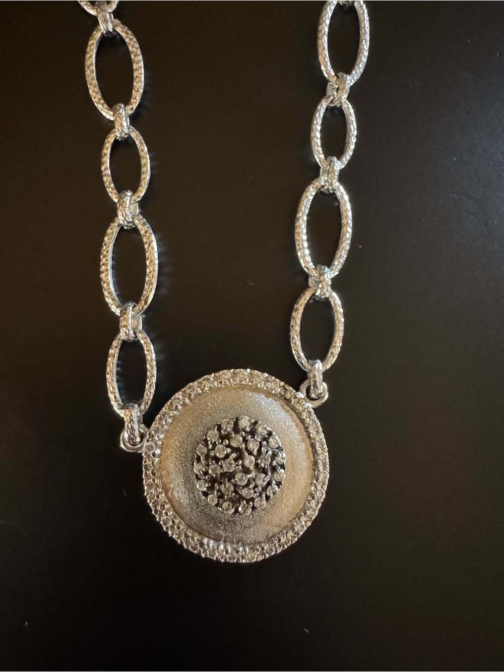 Sterling Silver CZ Textured Medallion Oval Link Necklace 17.64g